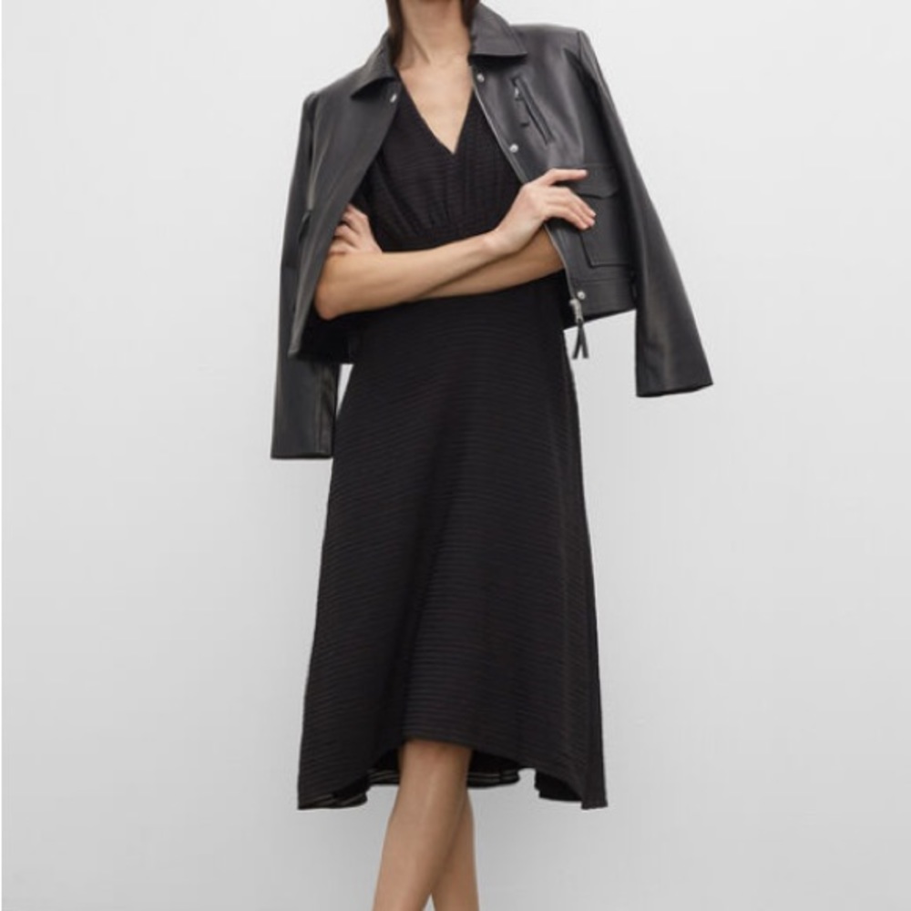 Club Monaco V neck puff sleeve black midi dress